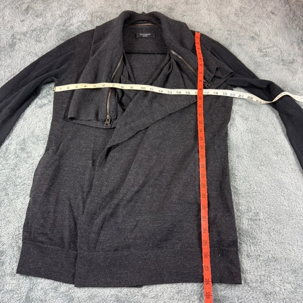 AllSaints Charcoal Grey Wool Asymmetrical Zip Draped Cardigan Cotton Sleeve M